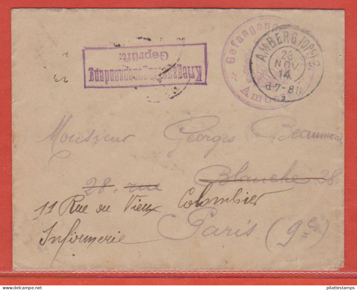 ALLEMAGNE LETTRE CAMP DE PRISONNIERS DE 1914 DE AMBERG POUR PARIS FRANCE - Gevangenenpost