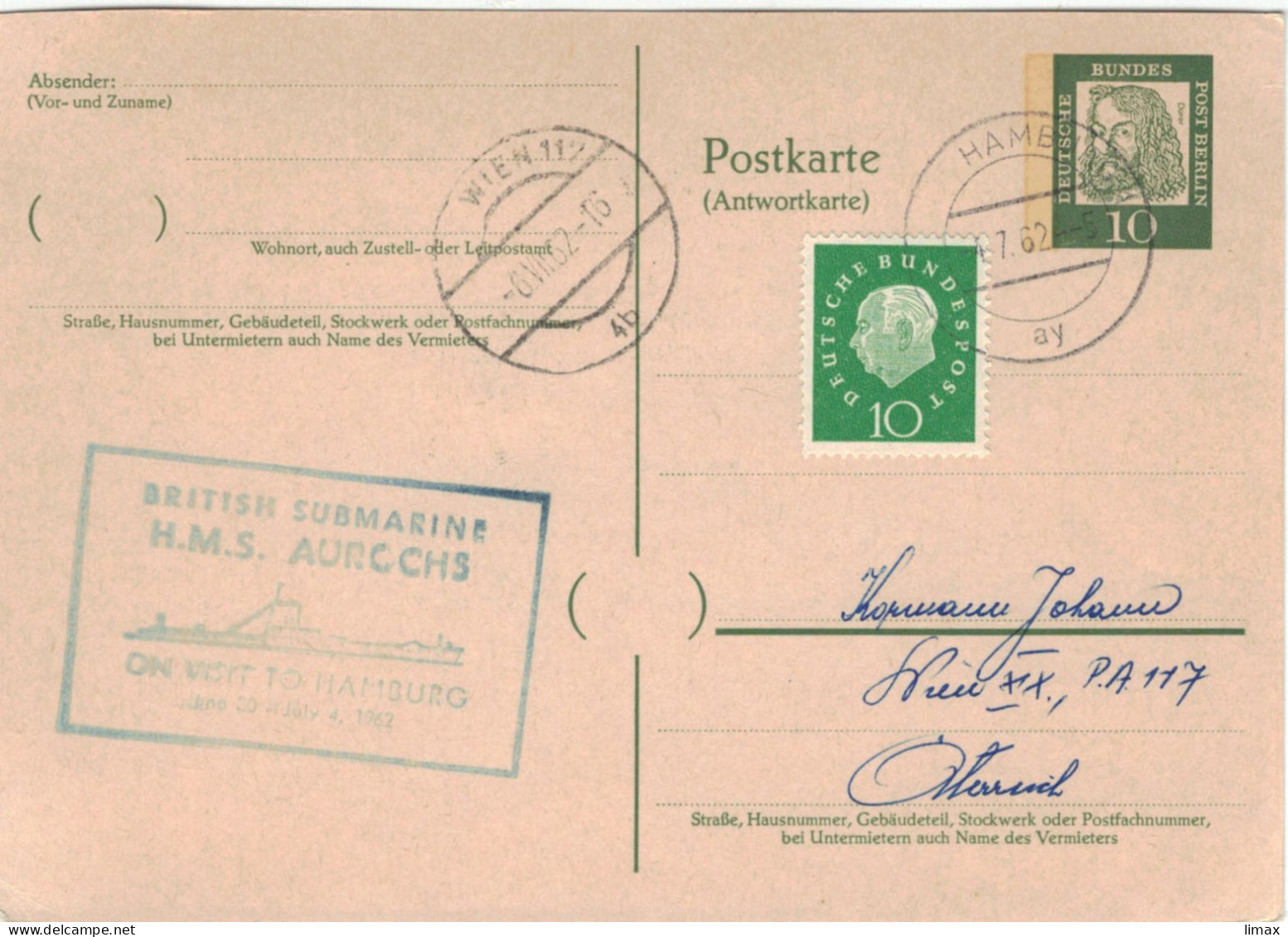 Ganzsache Dürer Hamburg 4.7.1962 > Wien - British Submarine HMS Aurochs - Stempel Ohne PLZ [weil Neue PLZ Kommen] - Postkarten - Gebraucht