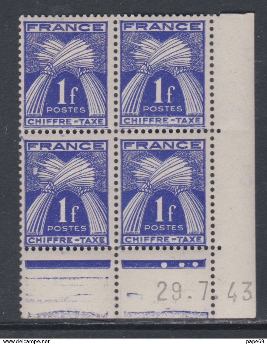 France Timbres-Taxe N° 70 XX  : 1 F. Bleu-violet En Bloc De 4 Coin Daté Du  29 . 7 . 43 .   3 Pts Blancs, Sans Cha., TB - Postage Due