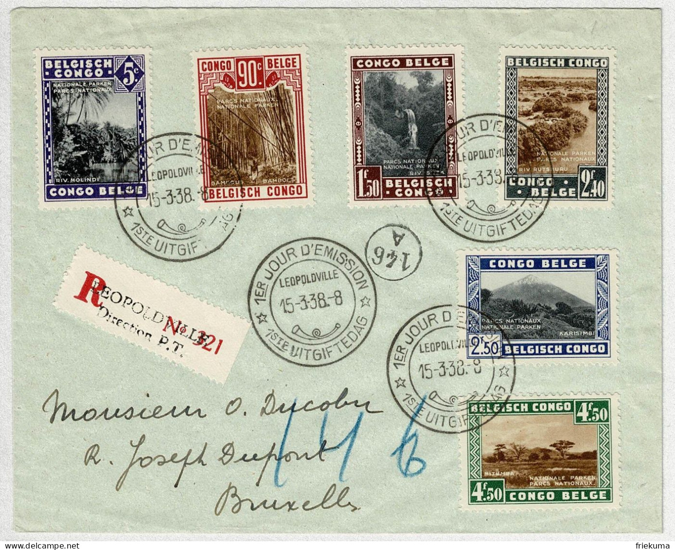 Belgisch Kongo 1938, Brief Ersttag Einschreiben Leopoldville - Bruxelles (Belgien), Nationalpark / Parcs Nationaux - Storia Postale