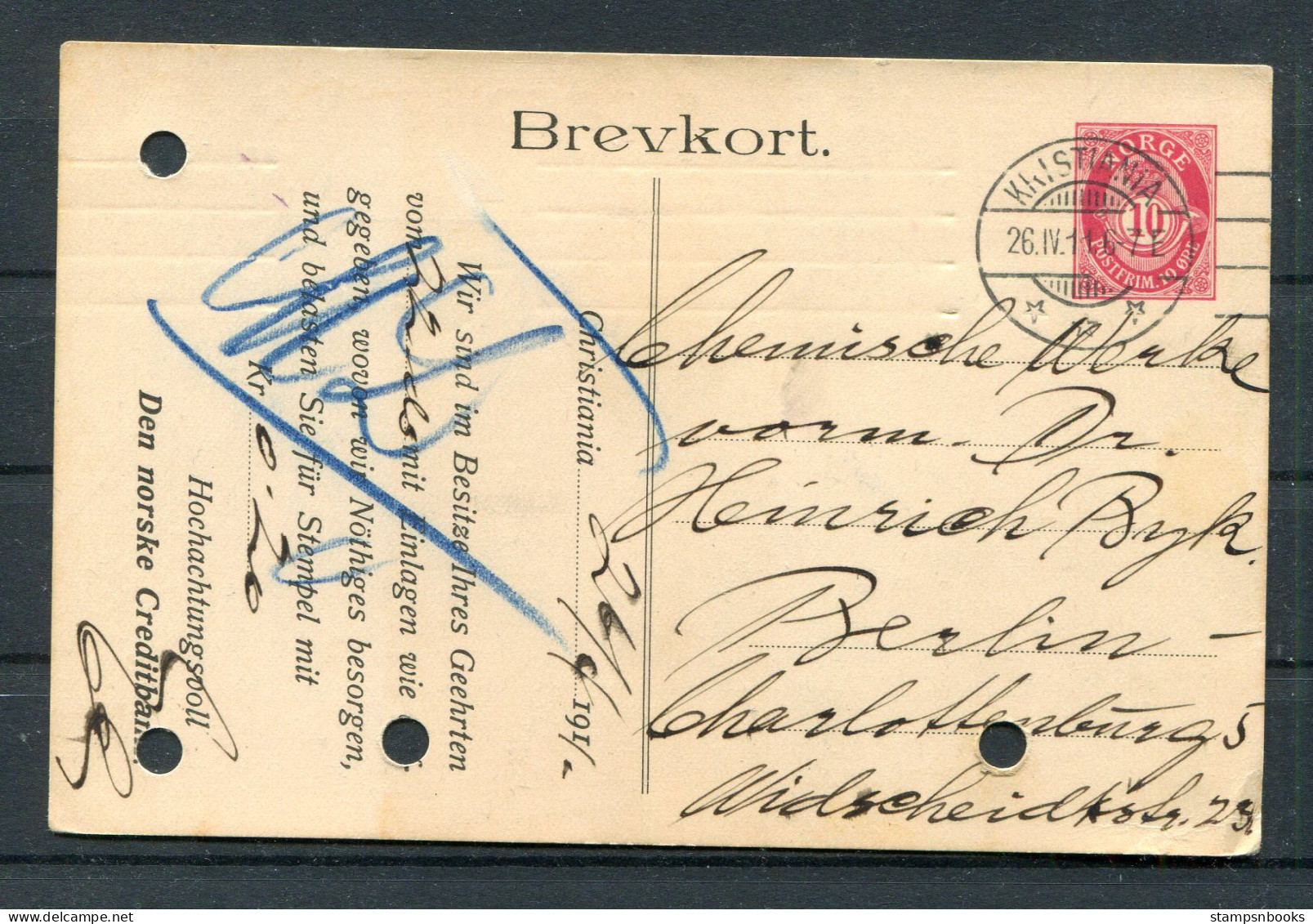 1911 Den Norsk Creditbank, Christiania Private 10ore Stationery Postcard, Privat Brevkort - Berlin Germany - Covers & Documents
