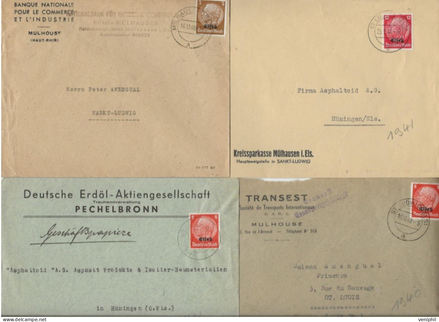 LOT  DE 4  LETTRES AFFRANCHIES TIMBRES ALSACE-LORRAINE  SURCHARGEES "ELSAS" N° 3-N°12- N°14 -OBLITERATIONS DIVERSES 1941 - Covers & Documents