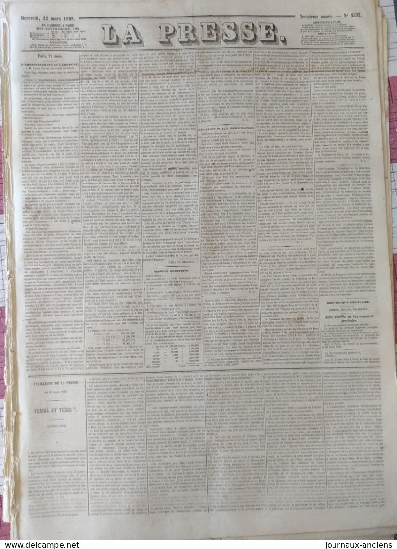 Journal LA PRESSE Du 22 Mars 1848 - APRES LA REVOLUTION - GOUVERNEMENT PROVISOIRE - L'AMORTISSEMENT DE L'EMPRUNT - 1800 - 1849