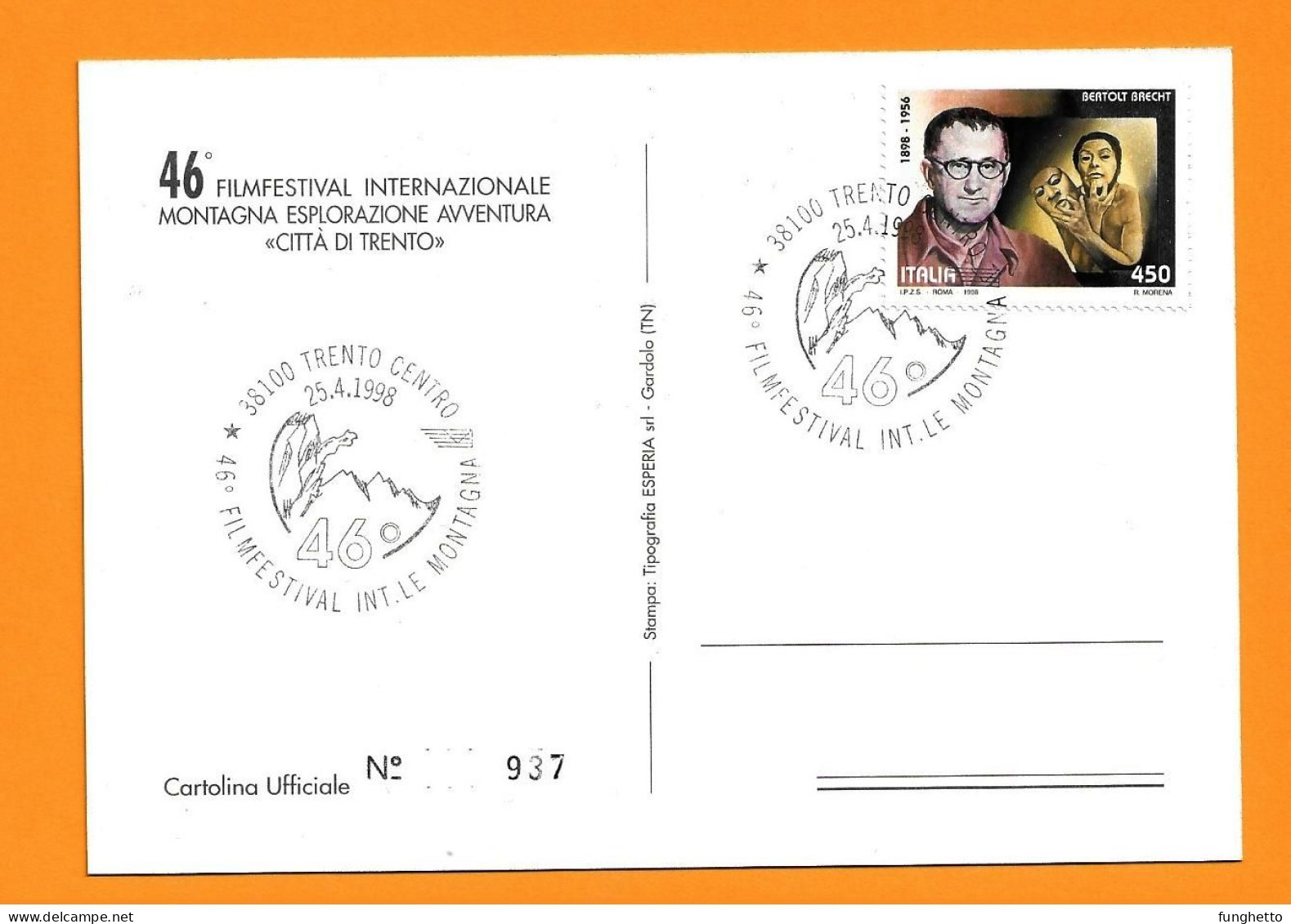 Cartolina Ufficiale TRENTO 46°FILM FESTIVAL MONTAGNA Con Annullo Speciale Trento 25/4/1998 - Arrampicata