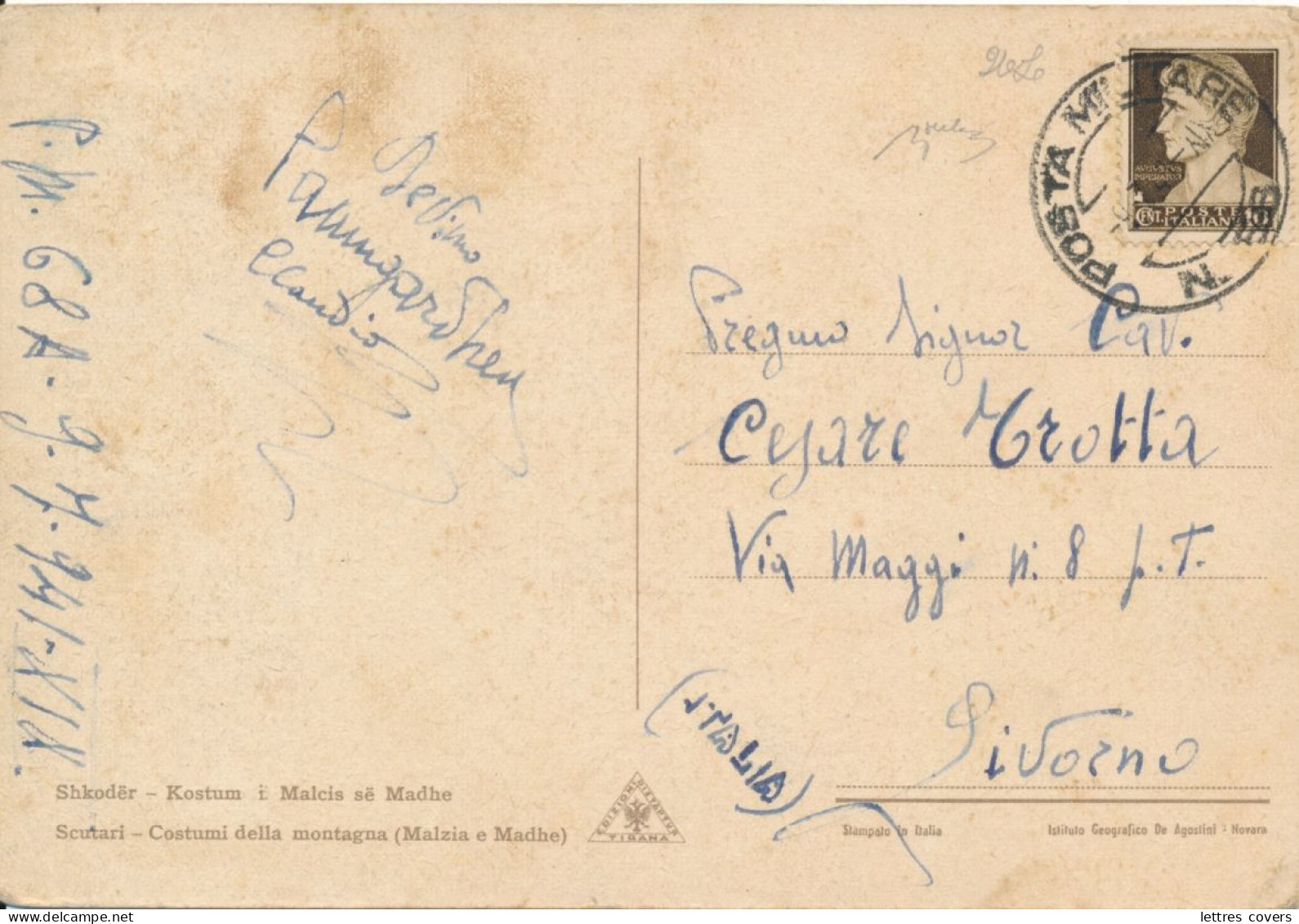 1941 10c POSTA MILITARE N° 68 Postcard Cartolina  Albania Scutari Malzia E Madhe > Livorno Italia PM - Albanie