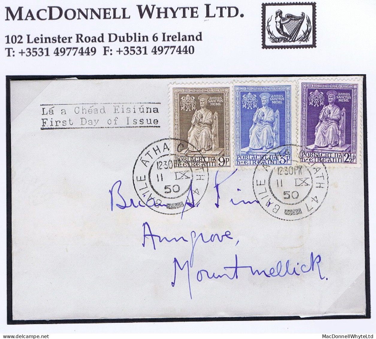 Ireland 1950 Holy Year Set On First Day Cover, Clear Dublin Cds BAILE ATHA CLIATH 11 IX 50 - FDC