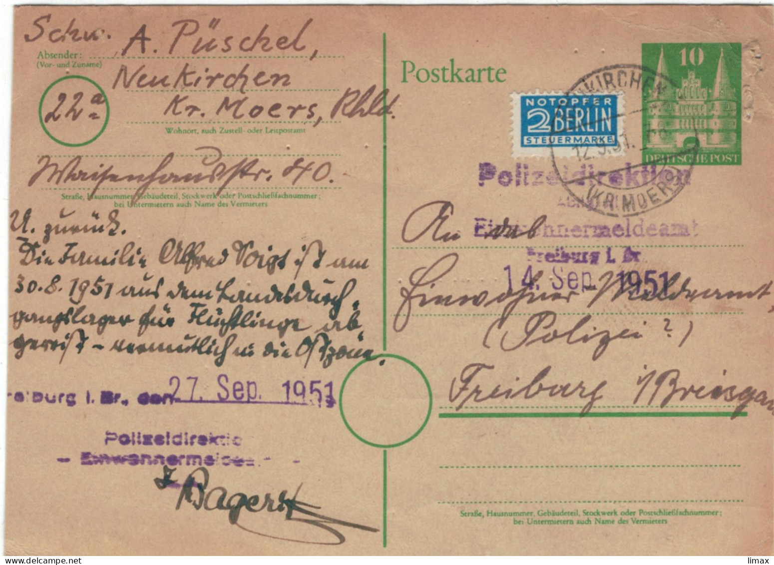 Neukirchen Kreis Moers 1951 > Meldeamt Polizei Freiburg - Abfrage Adresse: In Die Ostzone Abgereist - Datenschutz DSGVO - Postal  Stationery