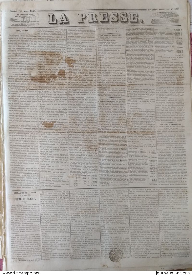 Journal LA PRESSE Du 25 Mars 1848 - LE PAPIER MONAIE - APRES LA REVOLUTION - GOUVERNEMENT PROVISOIRE - 1800 - 1849