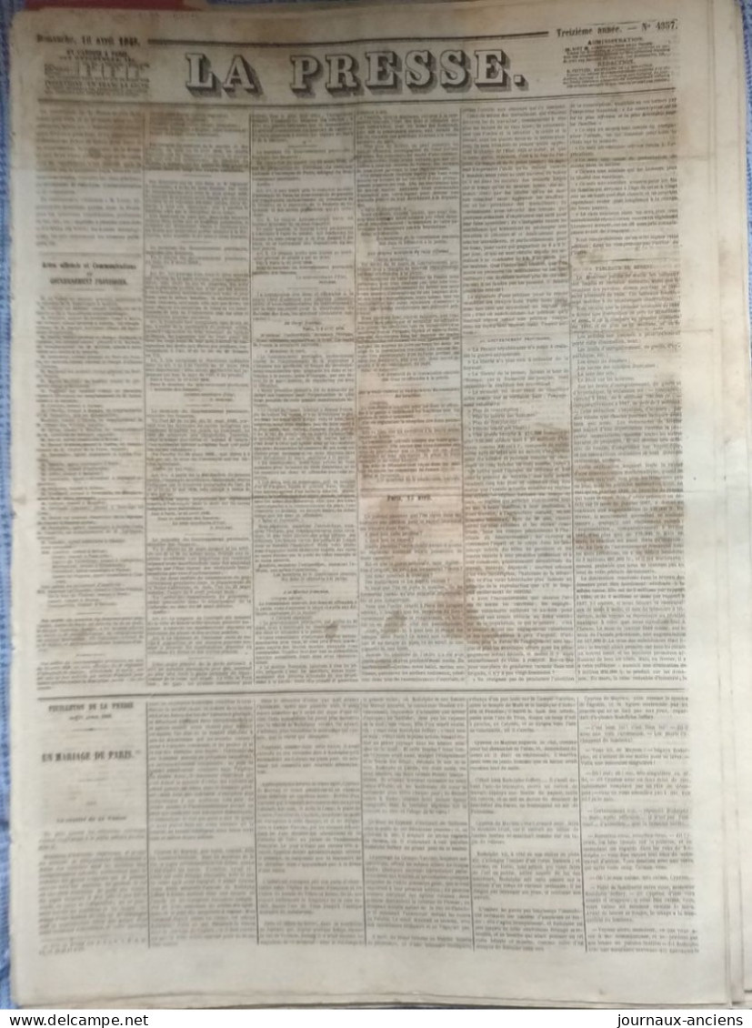 Journal LA PRESSE Du 16 AVRIL 1848 - GOUVERNEMENT PROVISOIRE - PRISE DES TUILERIES - 1800 - 1849