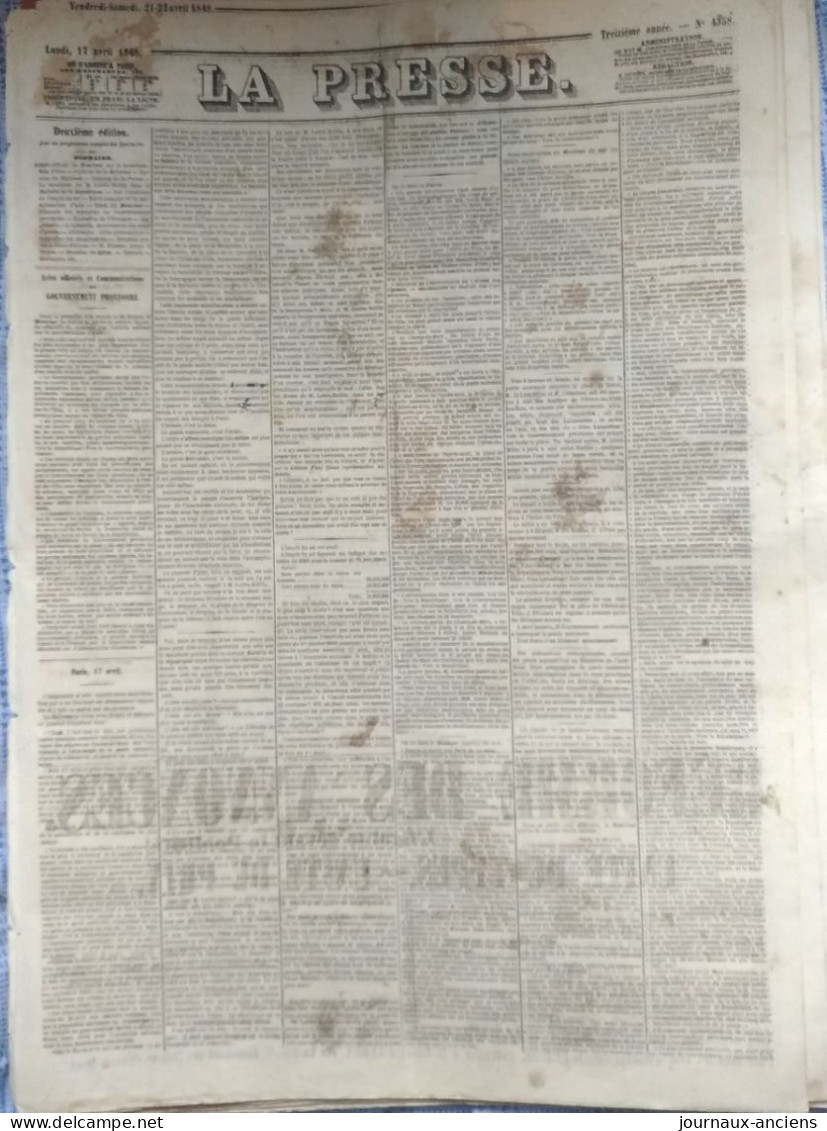 Journal LA PRESSE Du 17 AVRIL 1848 - GOUVERNEMENT PROVISOIRE - 1800 - 1849