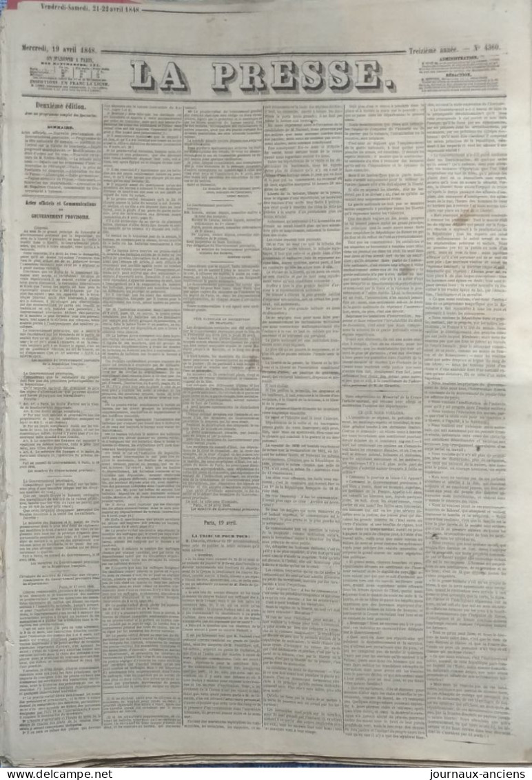 Journal LA PRESSE Du 19 AVRIL 1848 - GOUVERNEMENT PROVISOIRE - FÊTE NATIONALE ET DISTRIBUTION DE DRAPEAUX - Non Classés