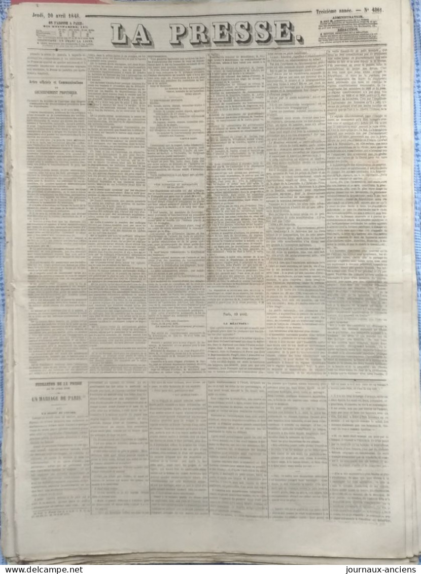 Journal LA PRESSE Du 20 AVRIL 1848 - GOUVERNEMENT PROVISOIRE - FÊTE NATIONALE ET DISTRIBUTION DE DRAPEAUX - 1800 - 1849