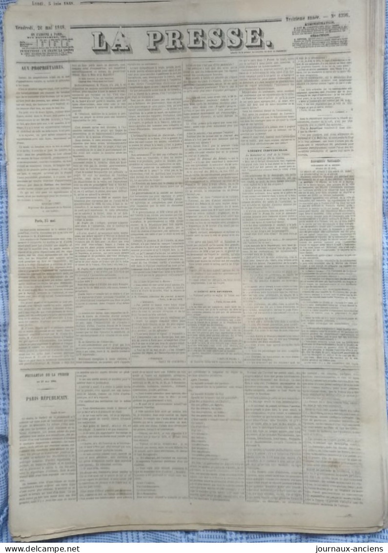 Journal LA PRESSE Du 26 MAI 1848 - LIBERTÉ DES OPINIONS - LIBERTÉ INDIVIDUELLE  - ÉLECTIONS DE LA CORSE - 1800 - 1849