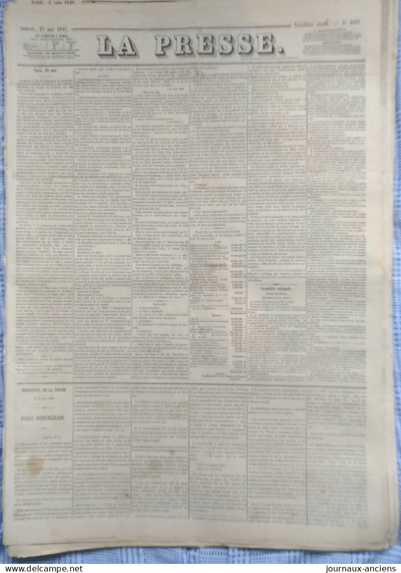 Journal LA PRESSE Du 27 MAI 1848 - BANNISSEMENT DE LA FAMILLE D'ORLÉANS - 1800 - 1849