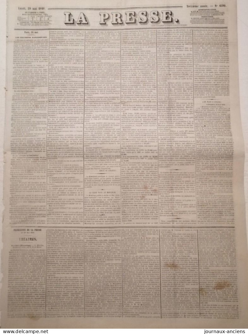 Journal LA PRESSE Du 29 MAI 1848 - THÉOPHILE GAUTIER - LES ILLUSIONS DANGEREUSES - 1800 - 1849