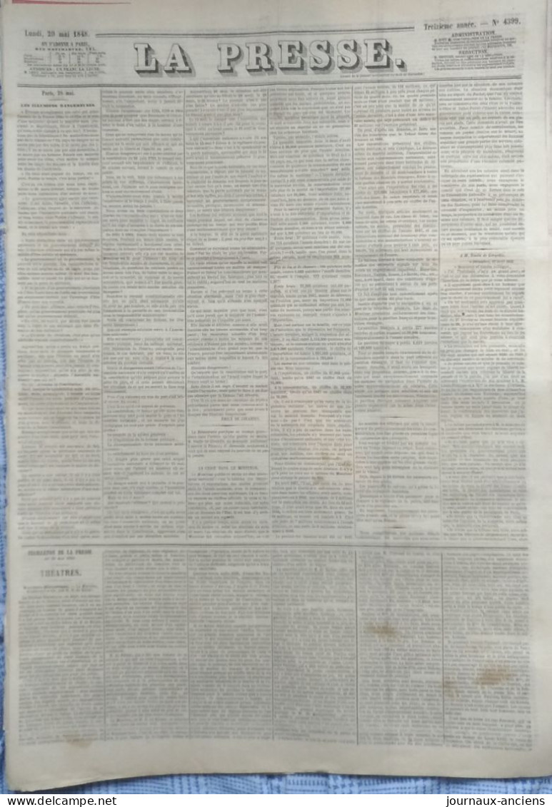 Journal LA PRESSE Du 29 MAI 1848 - THÉOPHILE GAUTIER - LES ILLUSIONS DANGEREUSES - 1800 - 1849