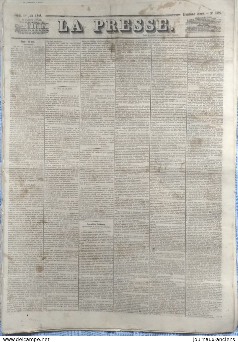 Journal LA PRESSE Du 1 Juin 1848 - ÉMILE GIRARDIN - ASSEMBLÉE NATIONALE - 1800 - 1849