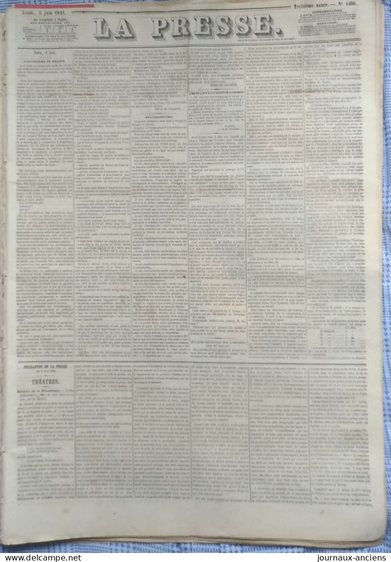 Journal LA PRESSE Du 5 Juin 1848 - Avec Un Article De THÉOPHILE GAUTIER - 1800 - 1849