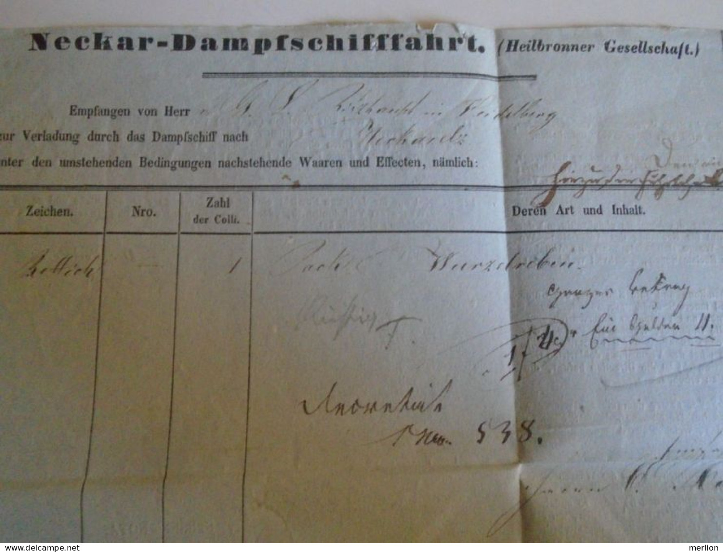 ZA488.12    Neckar Dampfschifffahrt  (Heilbronnen Gesellschaft) 1850 -  Wasser Zoll AMT Heidelberg  -Shipping Document - 1800 – 1899