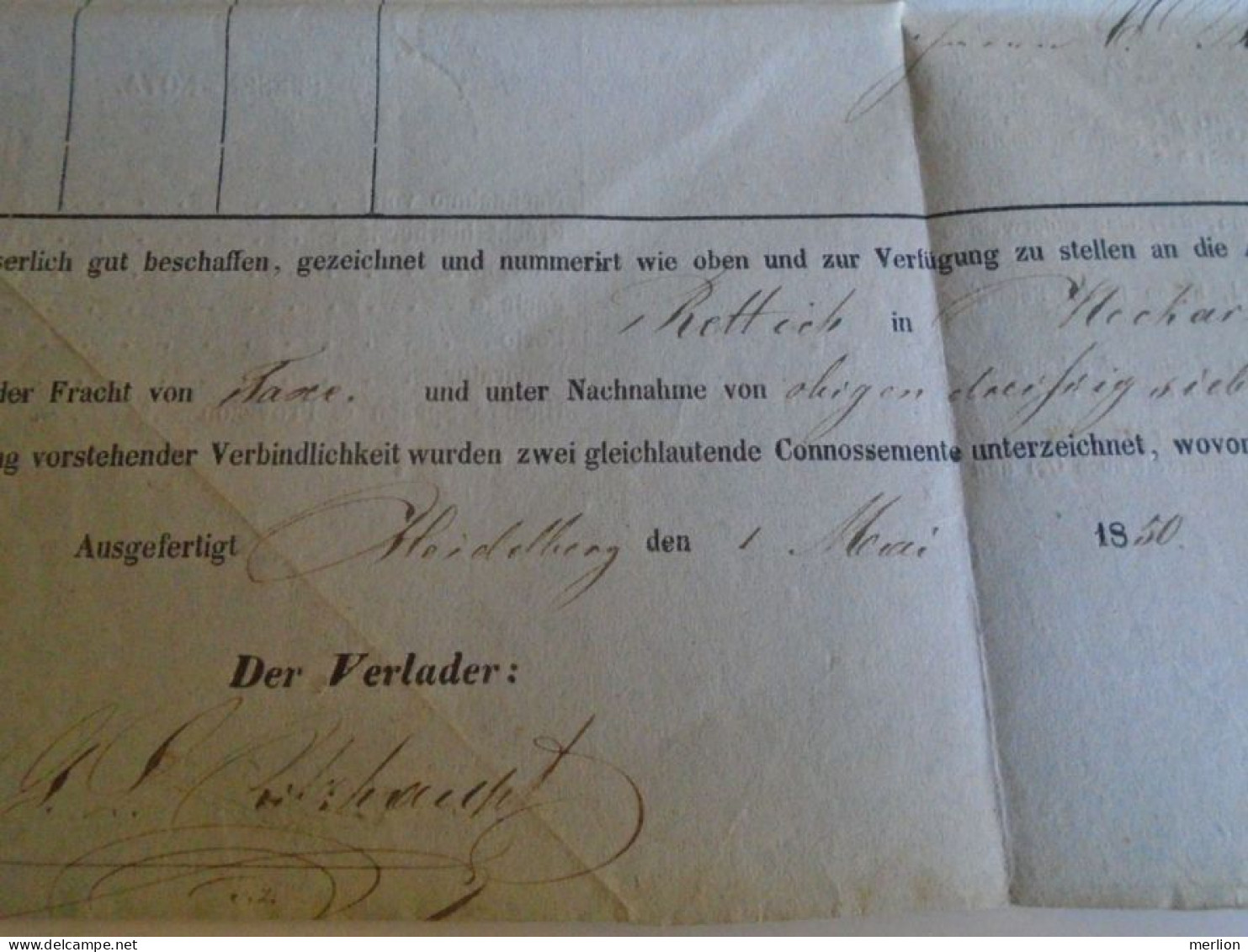 ZA488.12    Neckar Dampfschifffahrt  (Heilbronnen Gesellschaft) 1850 -  Wasser Zoll AMT Heidelberg  -Shipping Document - 1800 – 1899