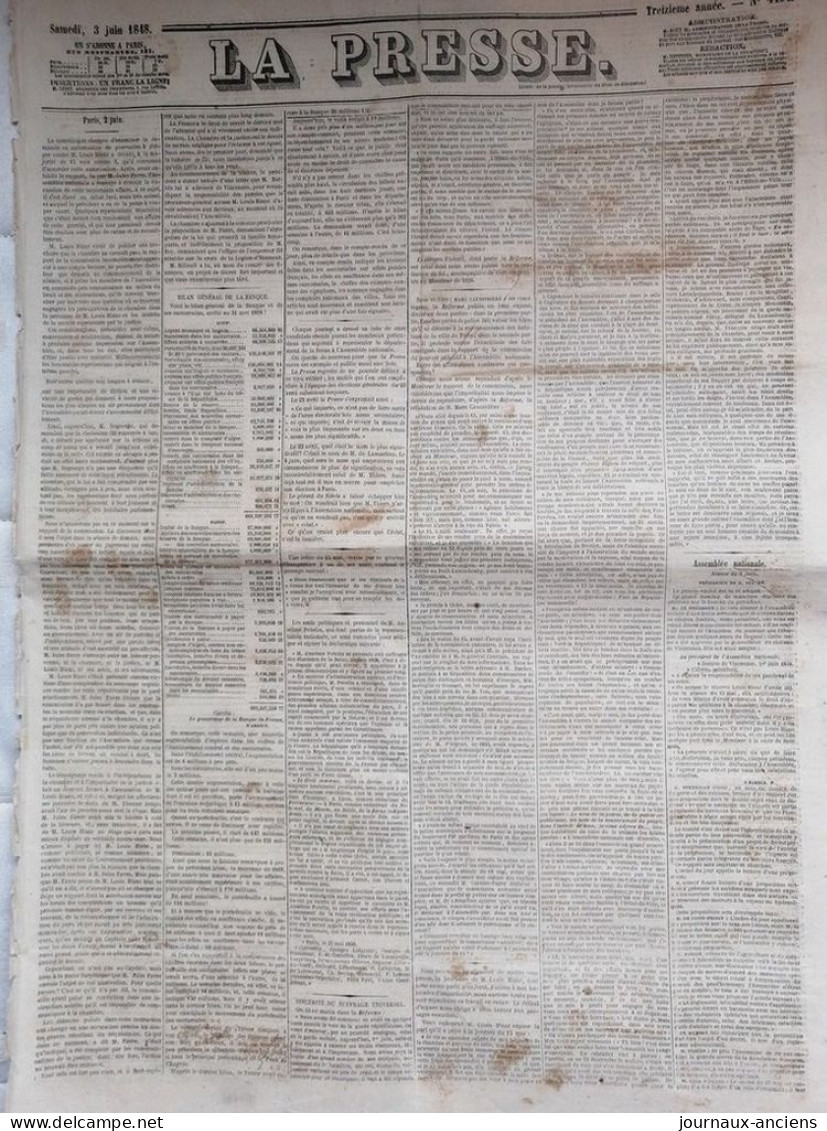 Journal LA PRESSE Du 3 Juin 1848 - BILAN GÉNÉRAL DE LA BANQUE DE FRANCE - SUFRAGE UNIVERSEL - 1800 - 1849