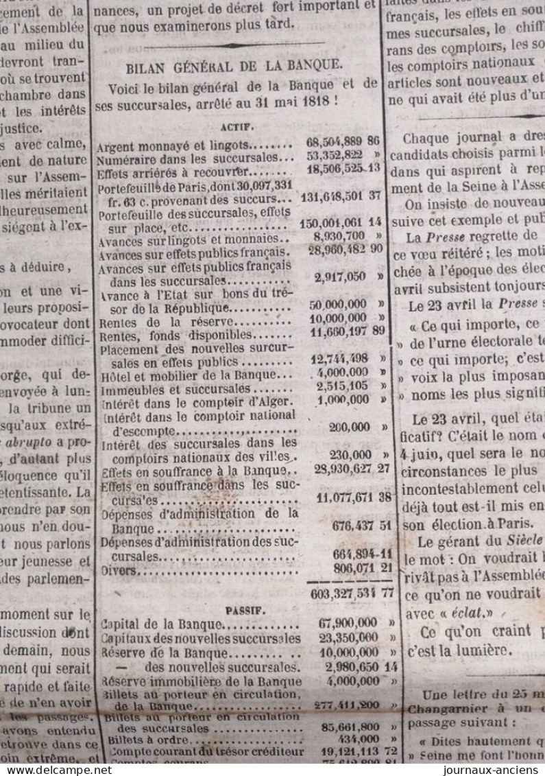 Journal LA PRESSE Du 3 Juin 1848 - BILAN GÉNÉRAL DE LA BANQUE DE FRANCE - SUFRAGE UNIVERSEL - 1800 - 1849