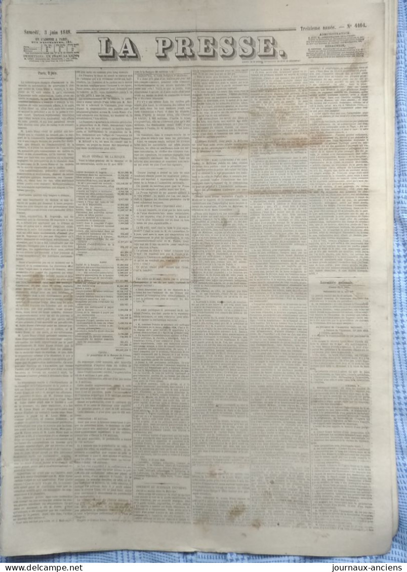 Journal LA PRESSE Du 3 Juin 1848 - BILAN GÉNÉRAL DE LA BANQUE DE FRANCE - SUFRAGE UNIVERSEL - 1800 - 1849