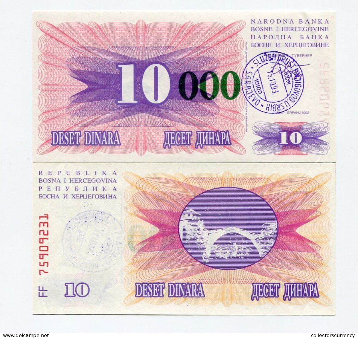 Bosnia Banknote 10000 Dinara 1993 Short Green Zeros "0" Unc P53a 5 Note Lot - Bosnie-Herzegovine