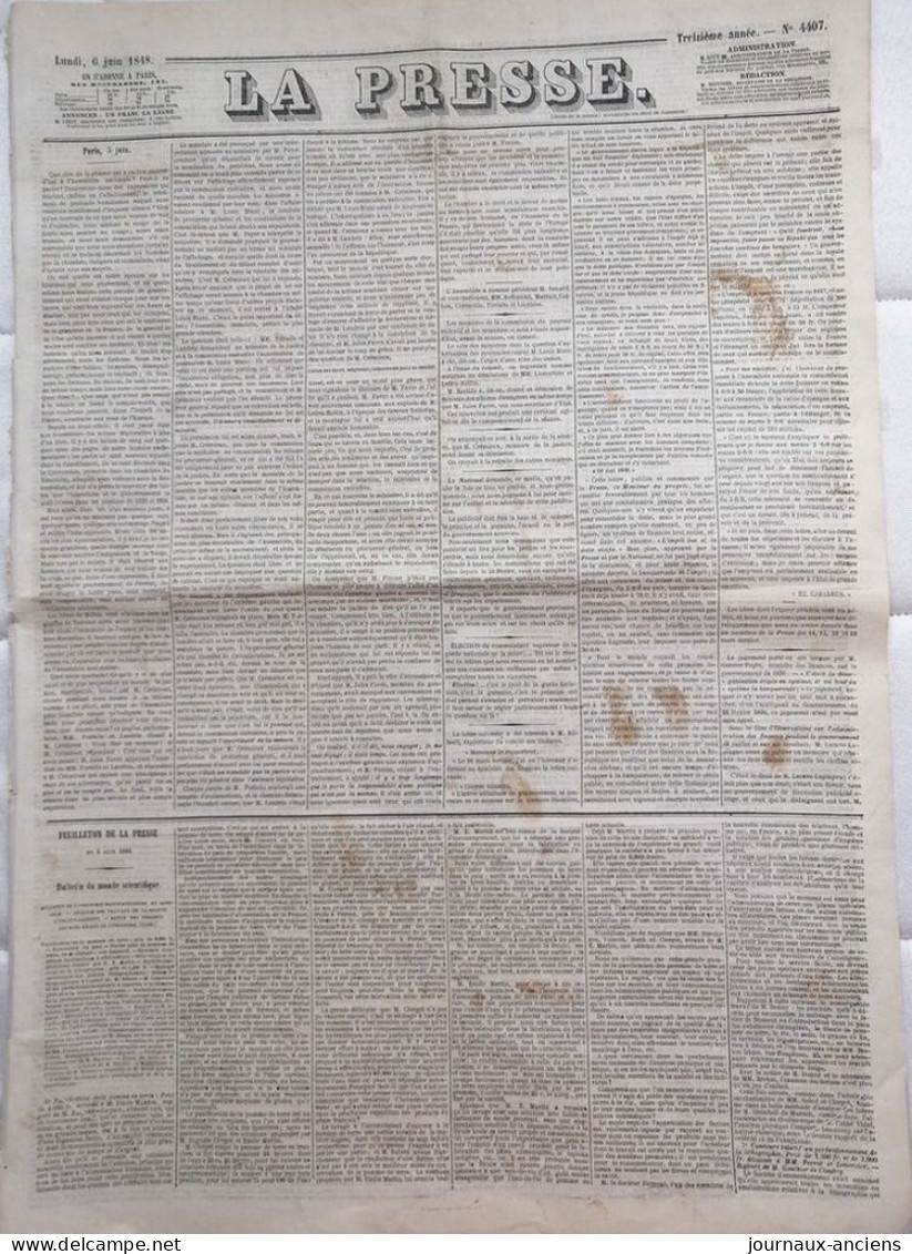 1848 Journal " LA PRESSE " Du 6 Juin 1848 - A VOIR - 1800 - 1849