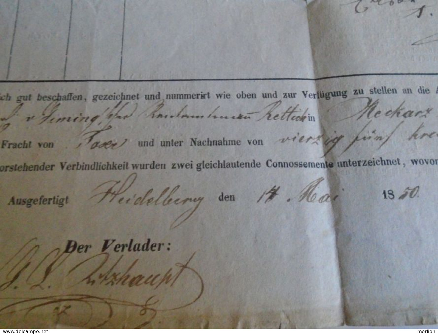 ZA488.13  Neckar Dampfschifffahrt  (Heilbronnen Gesellschaft) 1850 -  Wasser Zoll AMT Heidelberg  -Shipping Document - 1800 – 1899