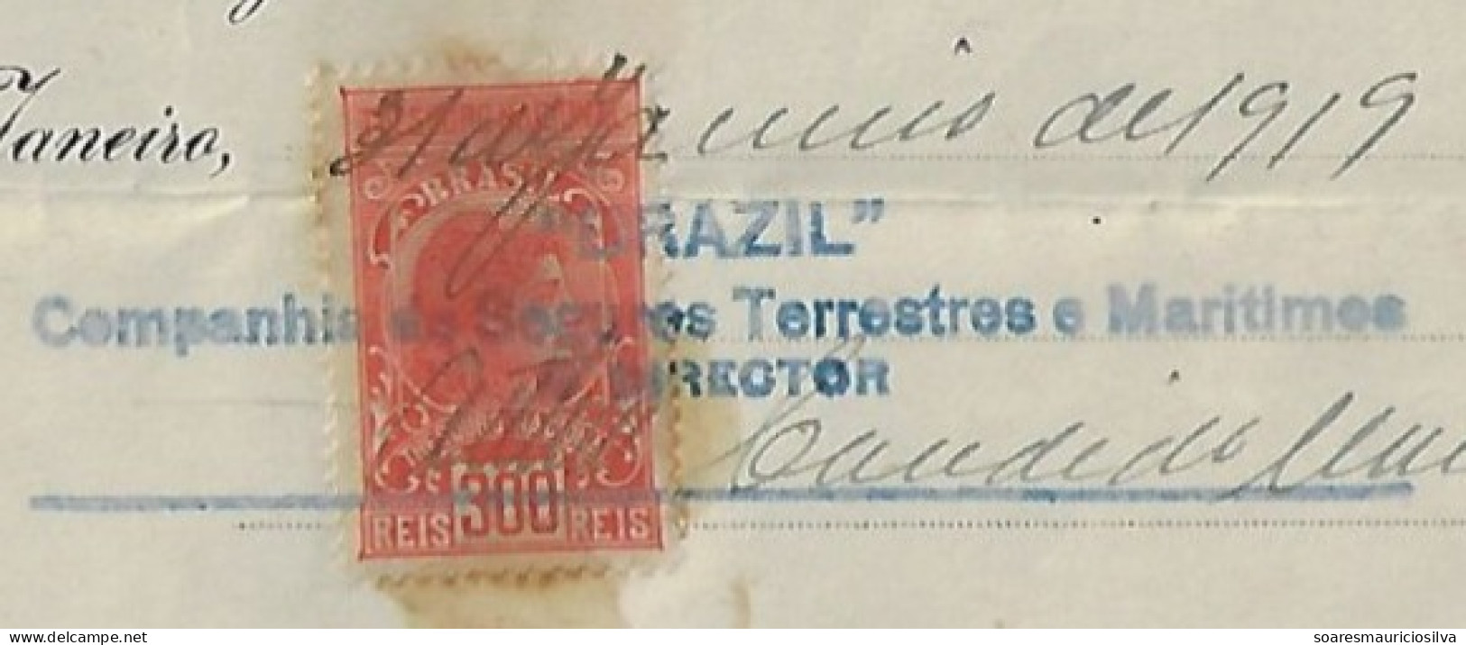 1919 Brazil Insurance Company Receipt From Rio De Janeiro Tax Stamp From The National Treasury 300 Réis - Covers & Documents