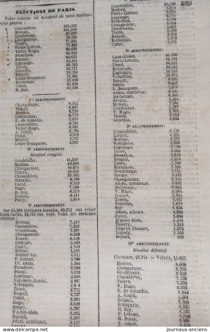 1848 Journal " LA PRESSE " Du 8 Juin  - LES ÉLECTIONS DE PARIS - 1800 - 1849