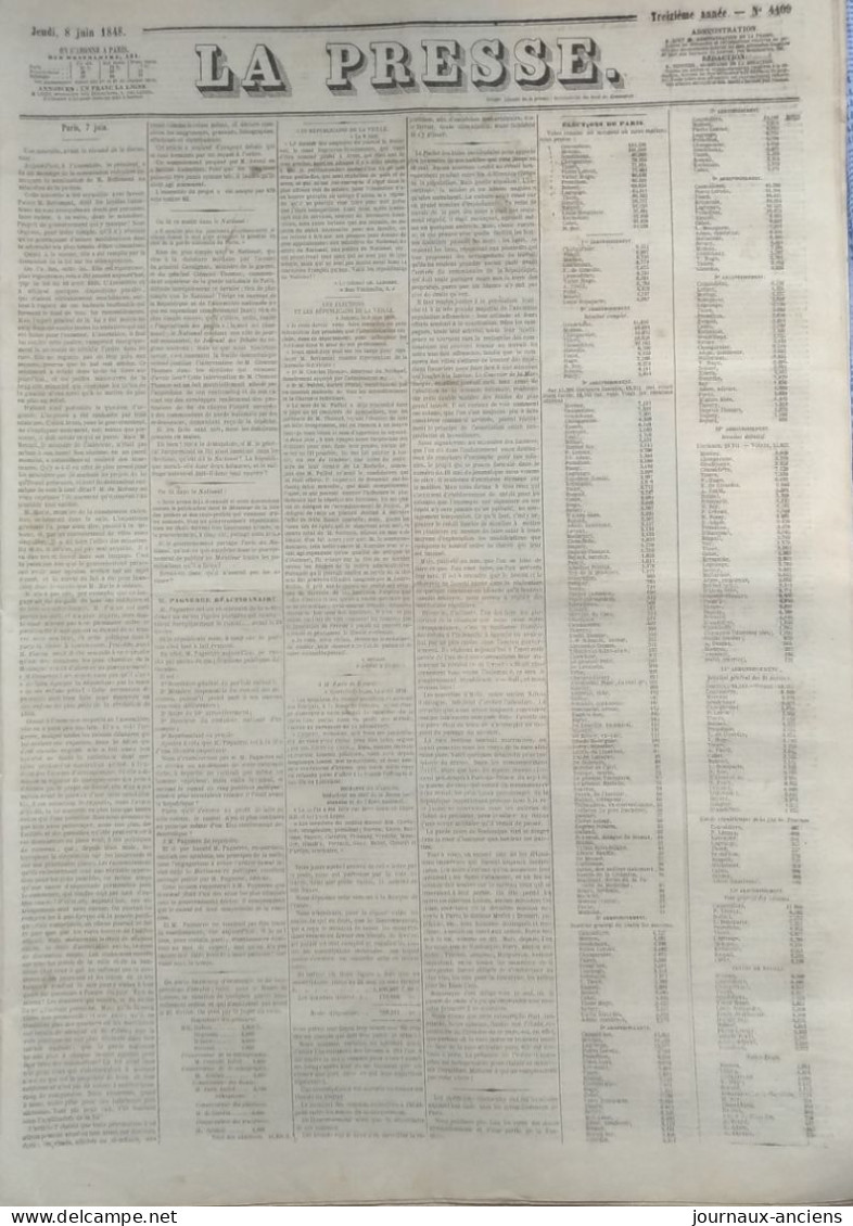 1848 Journal " LA PRESSE " Du 8 Juin  - LES ÉLECTIONS DE PARIS - 1800 - 1849