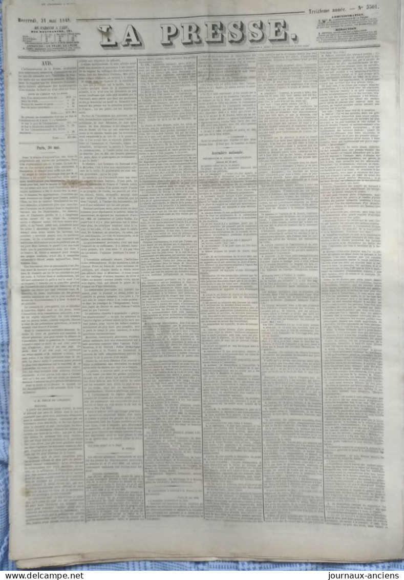 Journal LA PRESSE Du 31 Mai 1848 - A VOIR - 1800 - 1849
