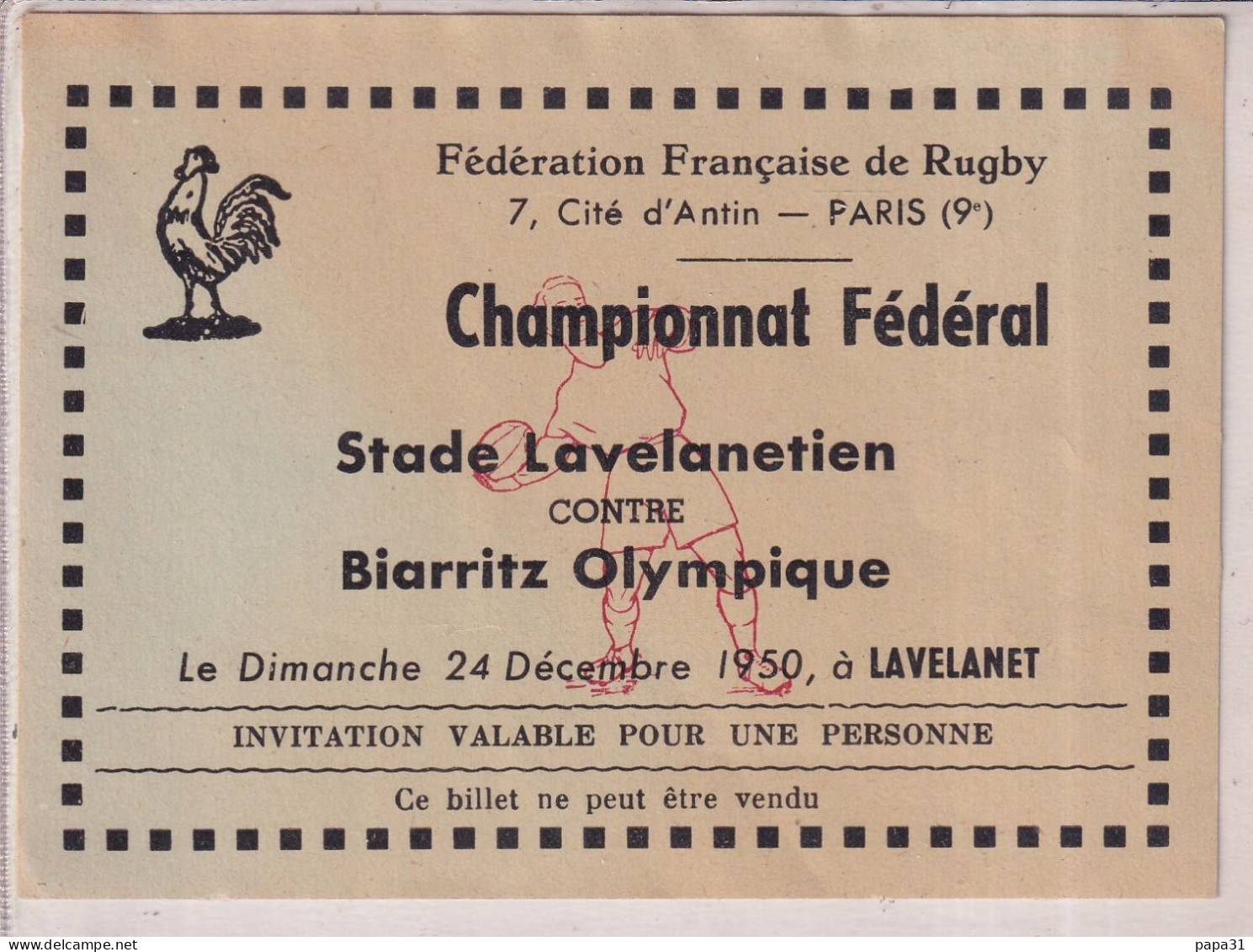 Billet Du Championnat Fédéral Stade Lavelanetien Contre Biarrtz Olympique  Dimanche 20 Décembre 1950 à Lavelanet - Rugby