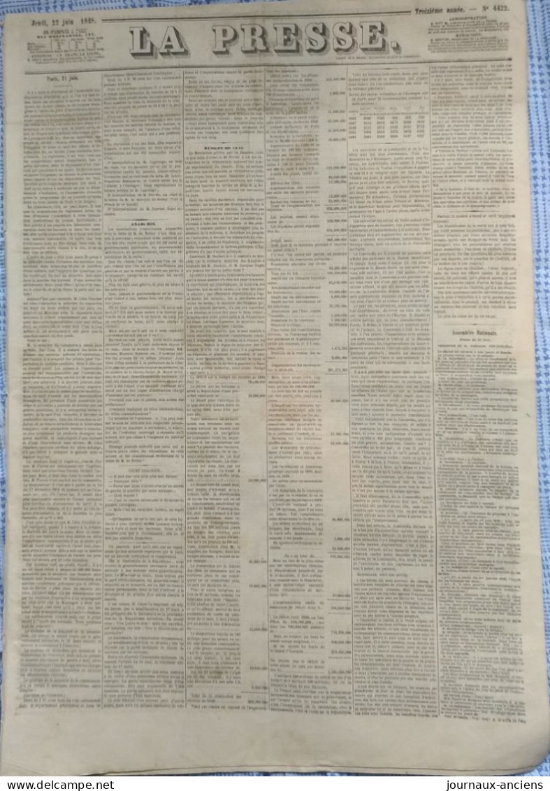 1848 Journal LA PRESSE Du 22 JUIN - ANARCHIE - ÉMEUTE - BUDGET DE 1848 - 1800 - 1849