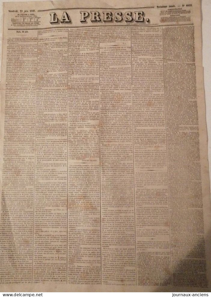 1848  Journal LA Presse Du 23 Juin - ÉTAT DE L'ADMINISTRATION DE LA VILLE - SAINT GEORGES DE LA NEUVILLE - 1800 - 1849