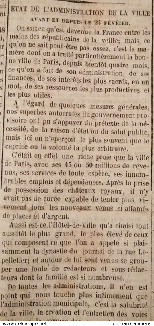 1848  Journal LA Presse Du 23 Juin - ÉTAT DE L'ADMINISTRATION DE LA VILLE - SAINT GEORGES DE LA NEUVILLE - 1800 - 1849