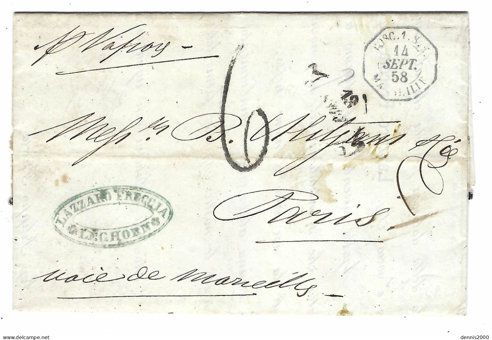1858 - Lettre De Livourne To Paris " Per Vapore " Voie De Marseille , Cad Hexag. TOSC. 1 . S.E. / MARSEILLE Bleu - Toskana