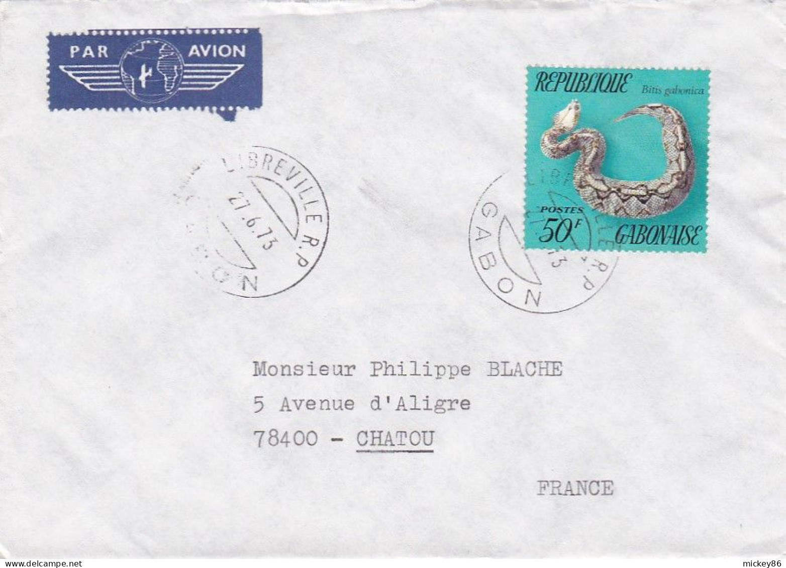 GABON --1973--Lettre De  LIBREVILLE  Pour CHATOU -78 (France)--timbre ( Serpent )  Seul Sur Lettre - Gabon (1960-...)