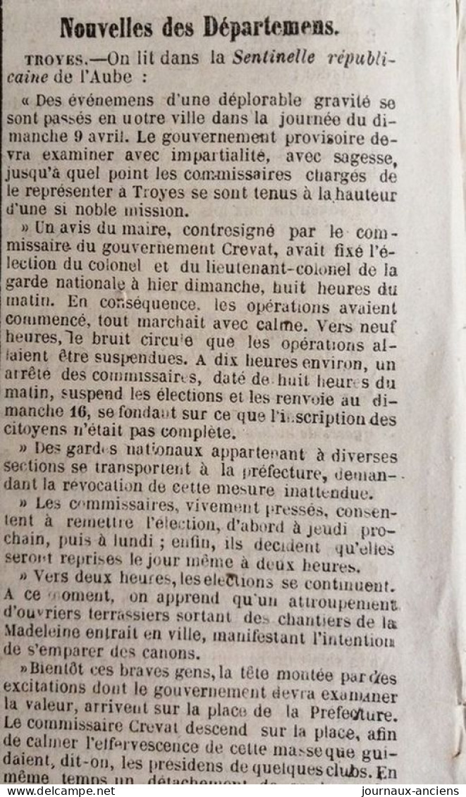 1848 Journal " LA PRESSE " - GOUVERNEMENT PROVISOIRE - TROYES - LE HAVRE -  BEZIERS - 1800 - 1849