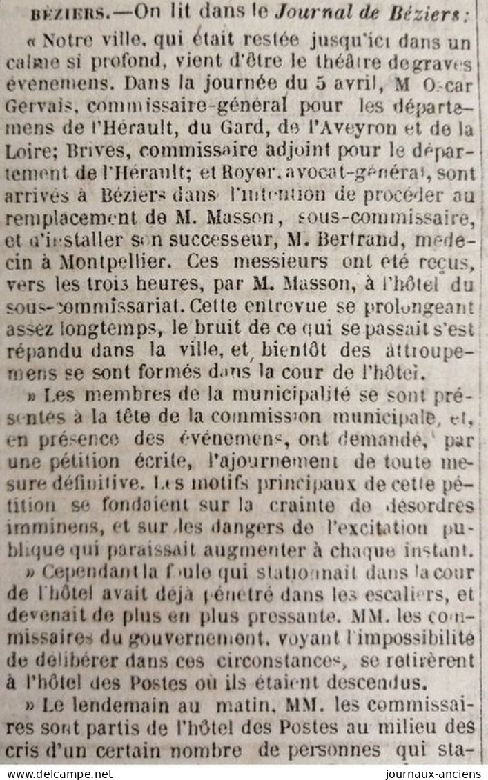 1848 Journal " LA PRESSE " - GOUVERNEMENT PROVISOIRE - TROYES - LE HAVRE -  BEZIERS - 1800 - 1849