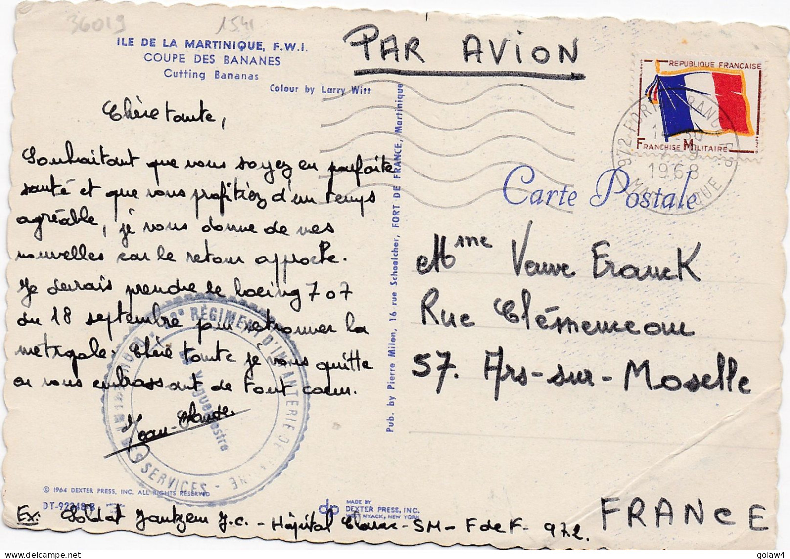 36019# TIMBRE FRANCHISE MILITAIRE CARTE INFANTERIE DE MARINE Obl 972 FORT DE FRANCE MARTINIQUE 1968 ARS SUR MOSELLE - Covers & Documents