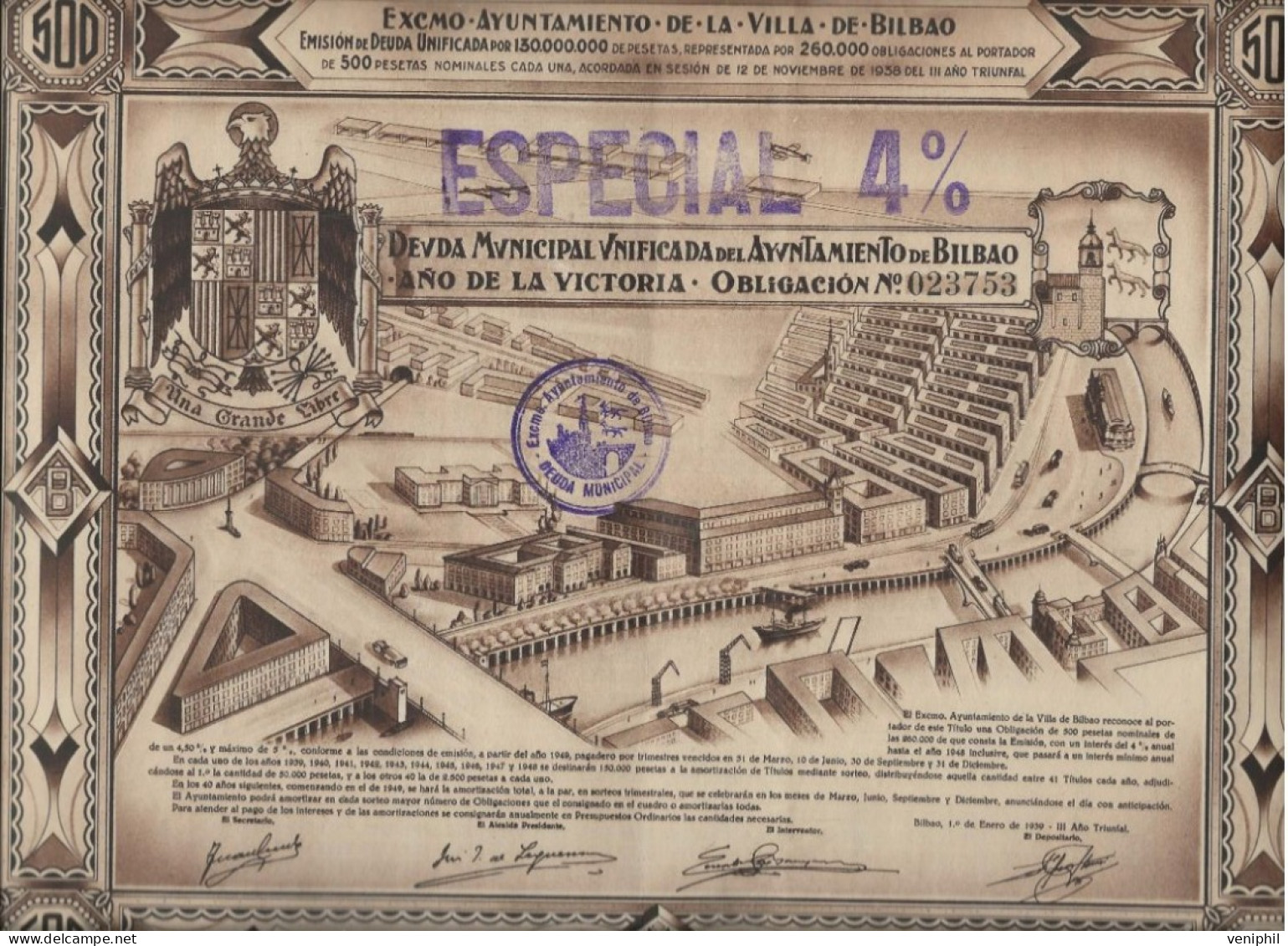 ESPAGNE - OBLIGATION 500 PESETAS -DETTE MUNICIPALE UNIFIEE  DE LA MAIRIE DE BILBAO  -ANNEE 1939 - Autres & Non Classés