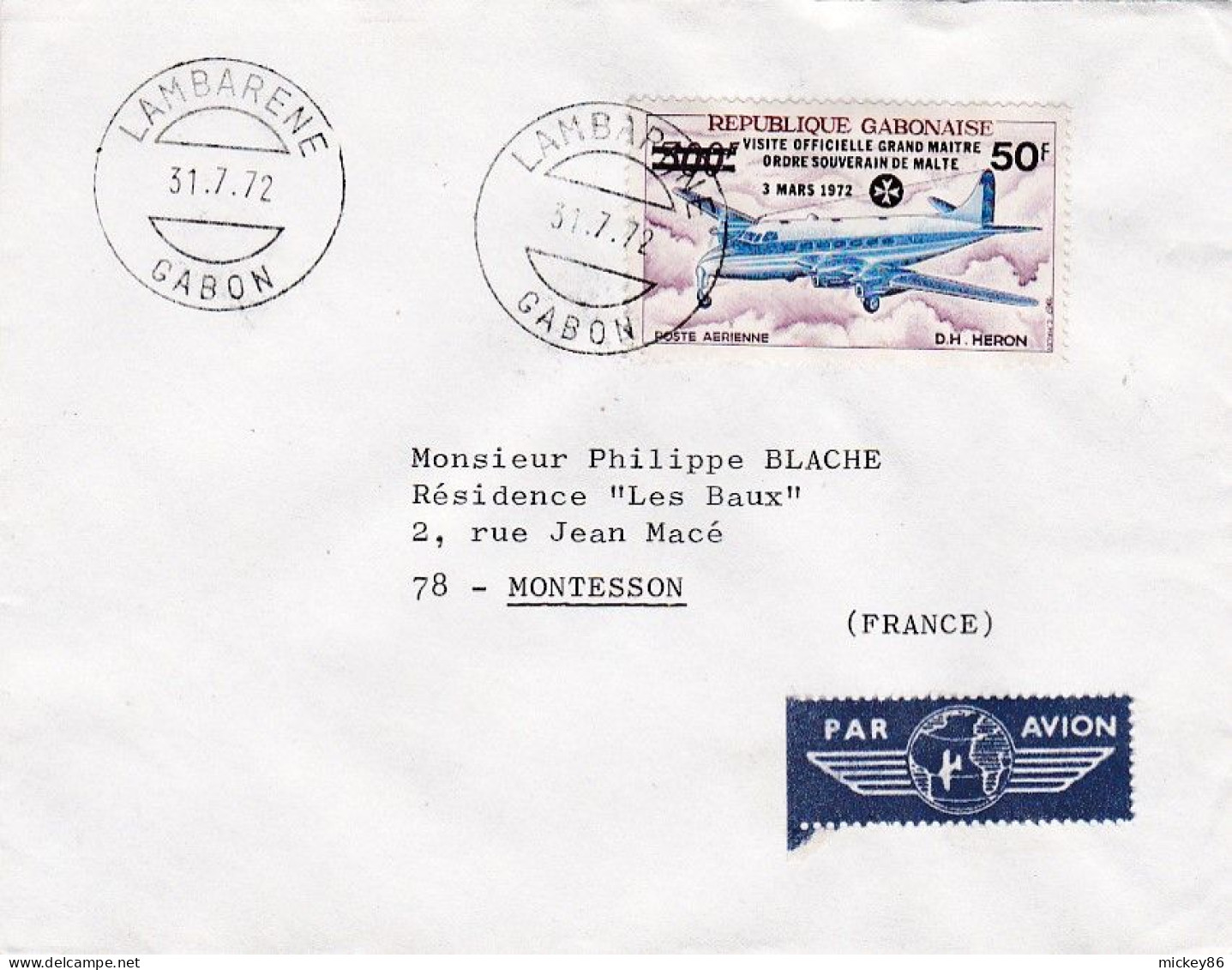 GABON --1972 --Lettre De LAMBARENE Pour MONTESSON -78 (France)--timbre (avion, Ordre De Malte ) Seul Sur Lettre - Gabun (1960-...)