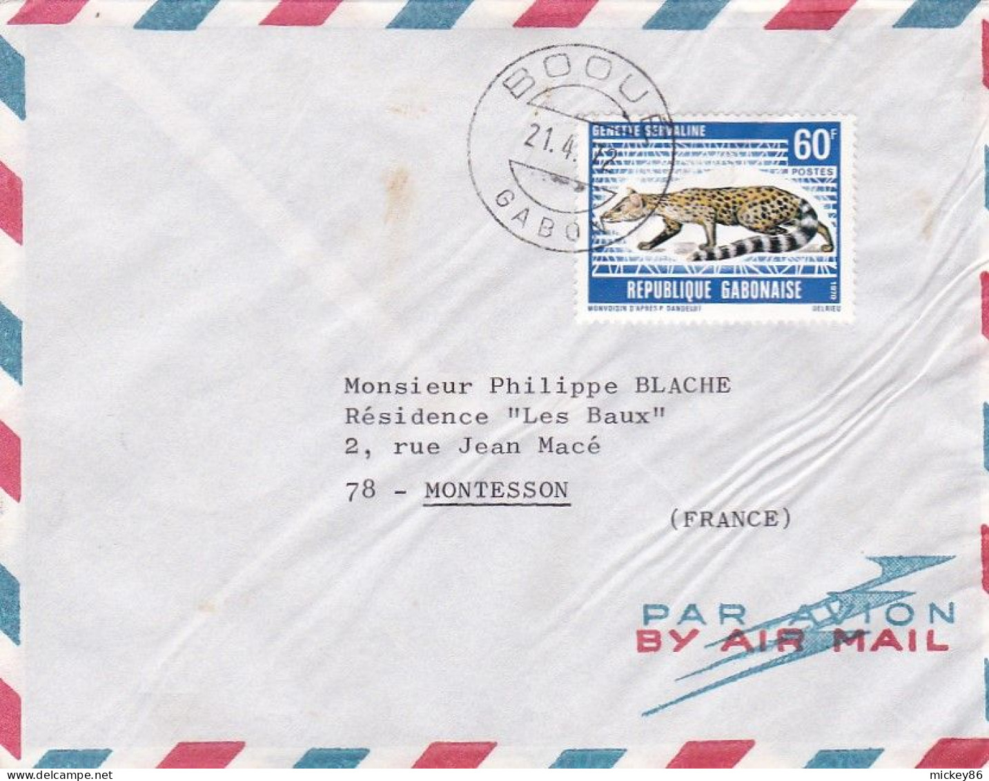 GABON --1972 --Lettre De BOOUE Pour MONTESSON -78 (France)--timbre (animal , Genette ) Seul  Sur Lettre - Gabun (1960-...)