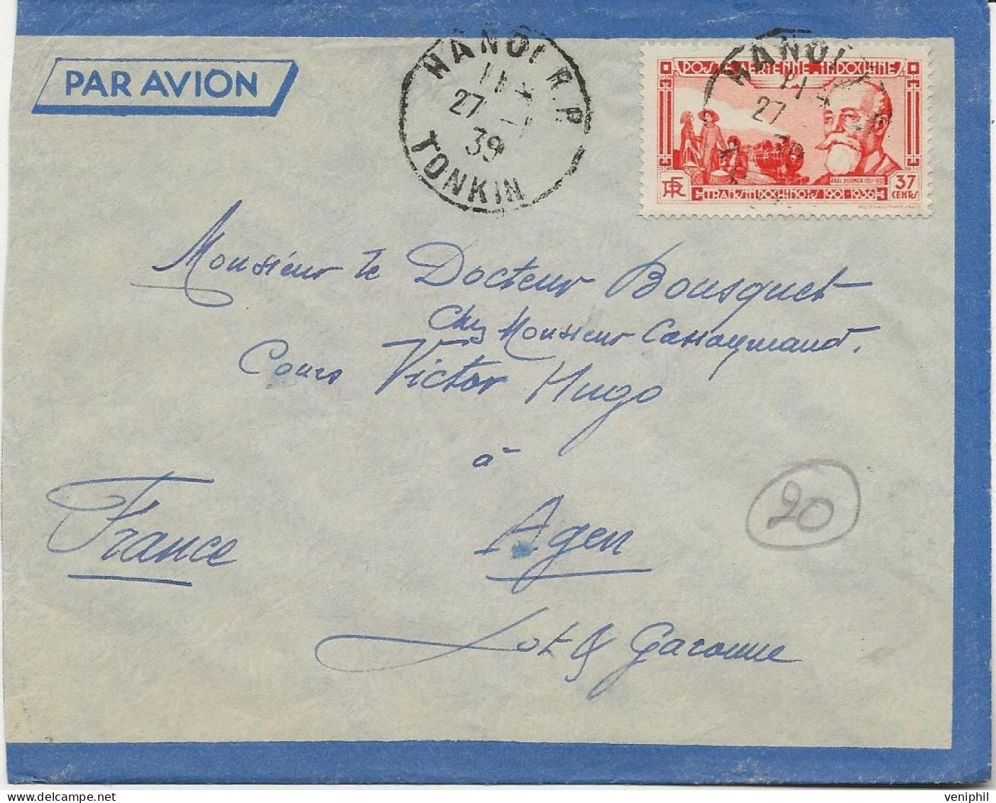 INDOCHINE - LETTRE AFFRANCHIE POSTE AERIENNE N° 15 OBLITEREE HANOI - TONKIN - 1939 - Lettres & Documents