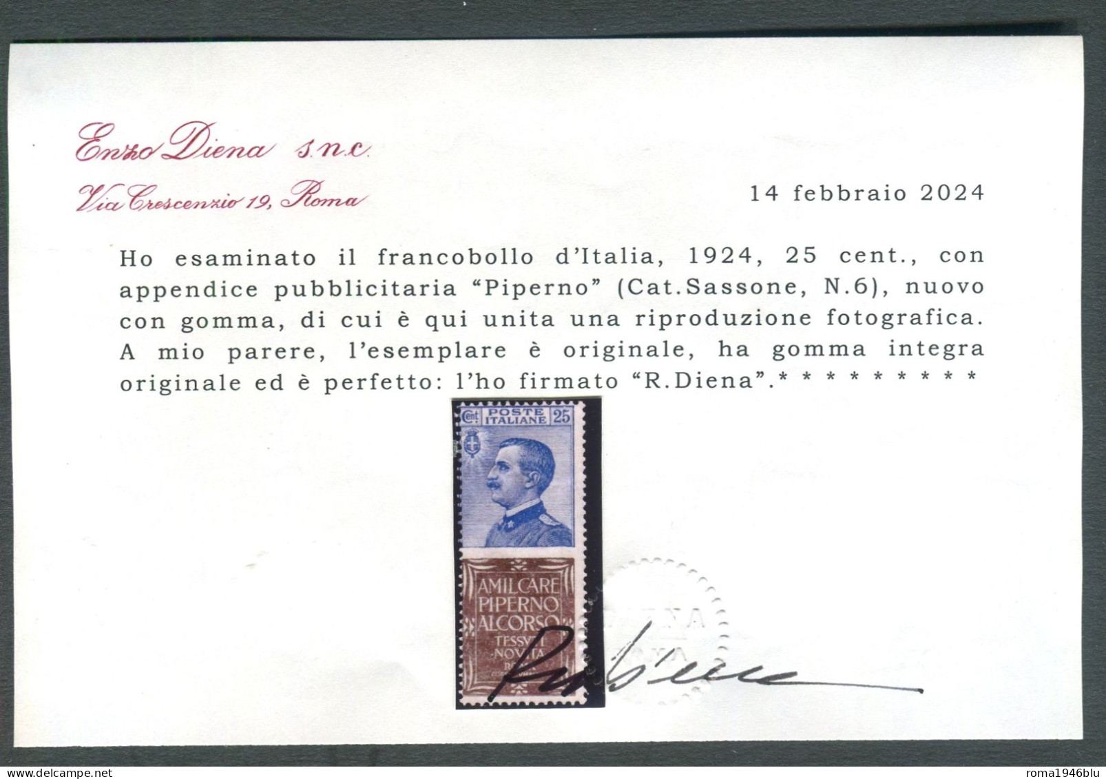 REGNO 1924 PUBBLICITARIO 25 C. PIPERNO ** MNH F.TO ENZO DIENA C. RAFFAELE DIENA - Reklame