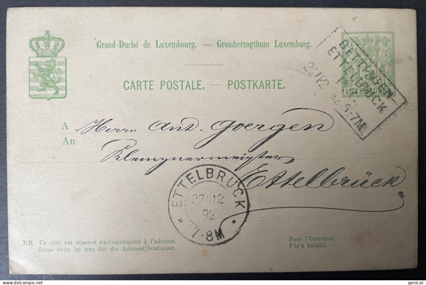 Luxembourg 1892 Entier Postal Oblitération Ambulant Convoyeur Bettingen Ettelbruck F.C - Entiers Postaux