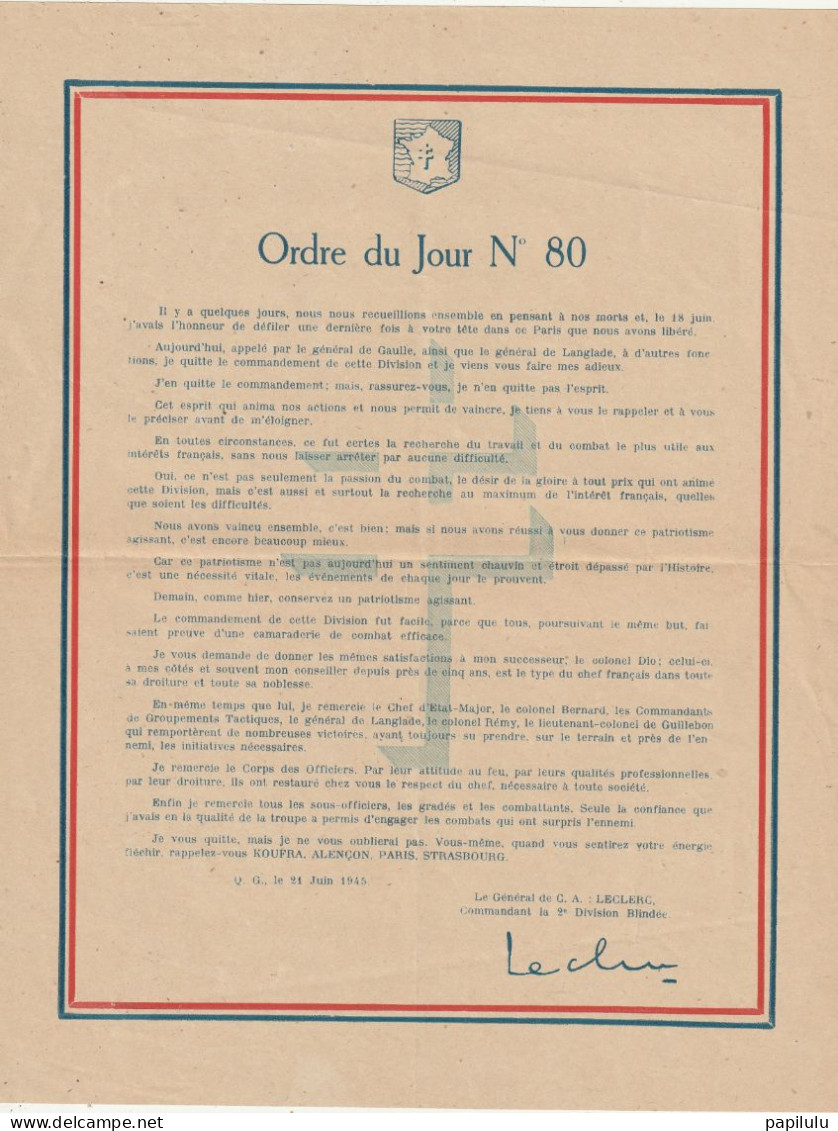 Ordre Du Jour N° 80 Du Général De C.A. Leclerc - Commandant La 2ème Division Blindée Le 21 Juin 1945 - Documenti